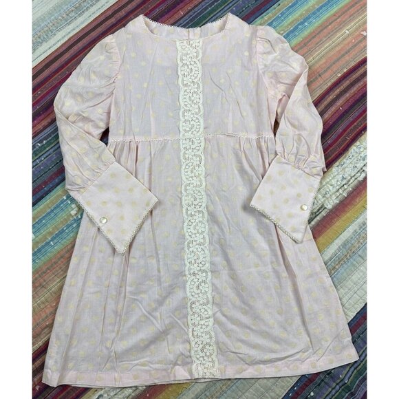 Vintage Carol Evans Girls Party Dress Pink Flocked Floral Print Wide Cuffs Sz 12 - Picture 2 of 12